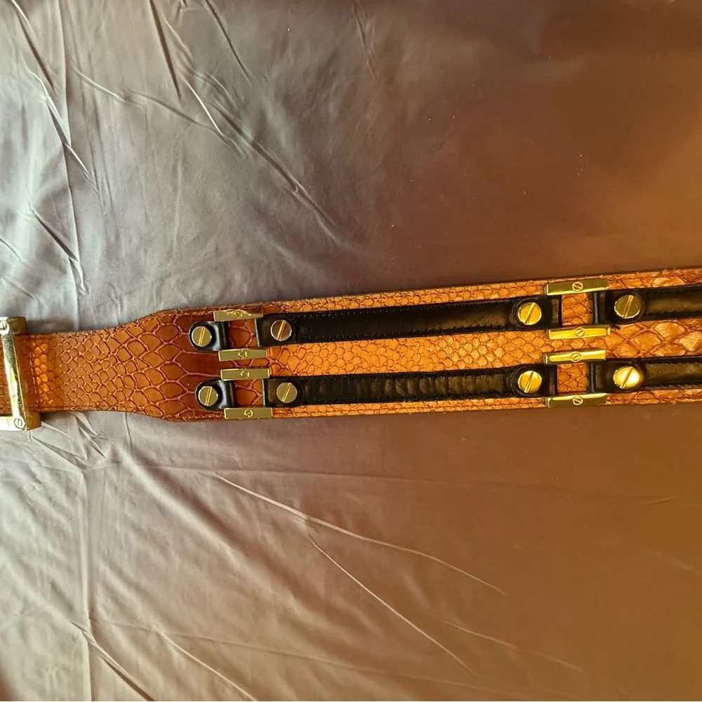 RARE Tory Burch Brown Snakeskin Waist belt black leather gold 2” size M $425 - Picture 11 of 15